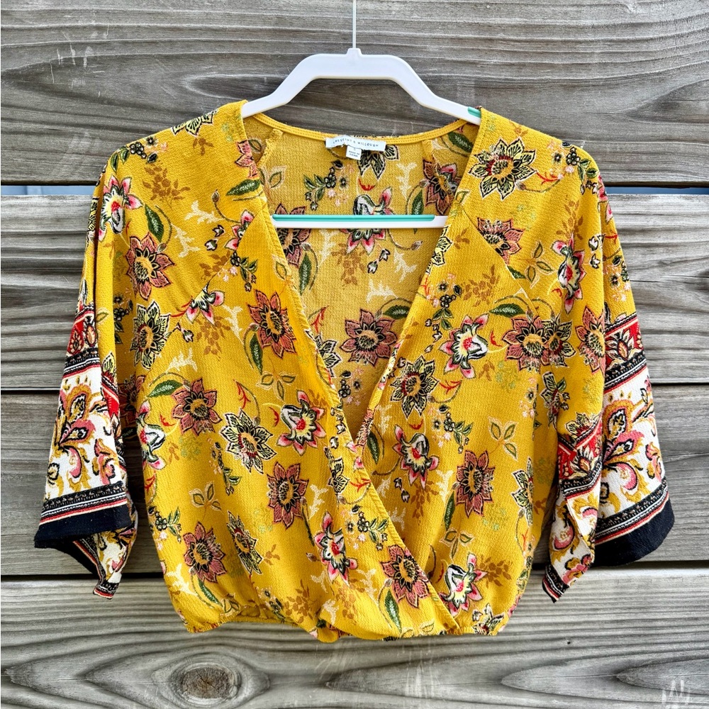 Crescent Willoughby Mustard Floral Wrap Crop Top Boho Small